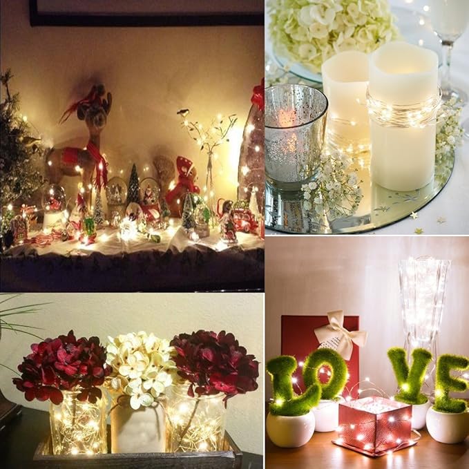 Fairy Lights CR2032 Battery Operated,6.6Ft/2Meter 20 LEDs Micro Silver Wire String Lights for Bedroom Christmas Party Wedding Decoration (Warm White, 6 Pack)
