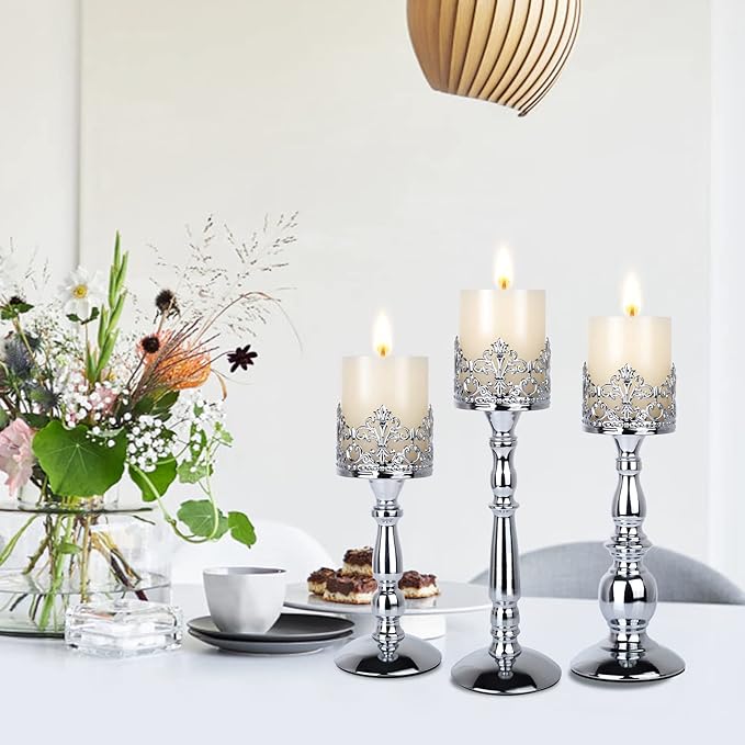Candle Holders for Pillar Candles Set of 3 Silver Vintage Tall Candle Holders Decorative Large Table Centerpieces Candle Stand Decor