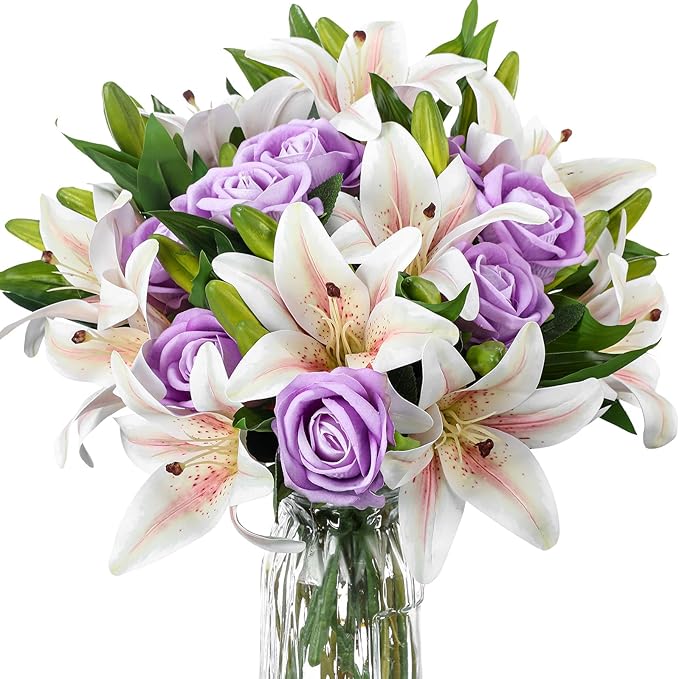 Hotop 20 Pcs Artificial Flowers Velvet Realistic Roses and Latex Lilies Flowers Bouquet Decorations Arrangements for Home Table Centerpieces Independence Day(Purple, White)