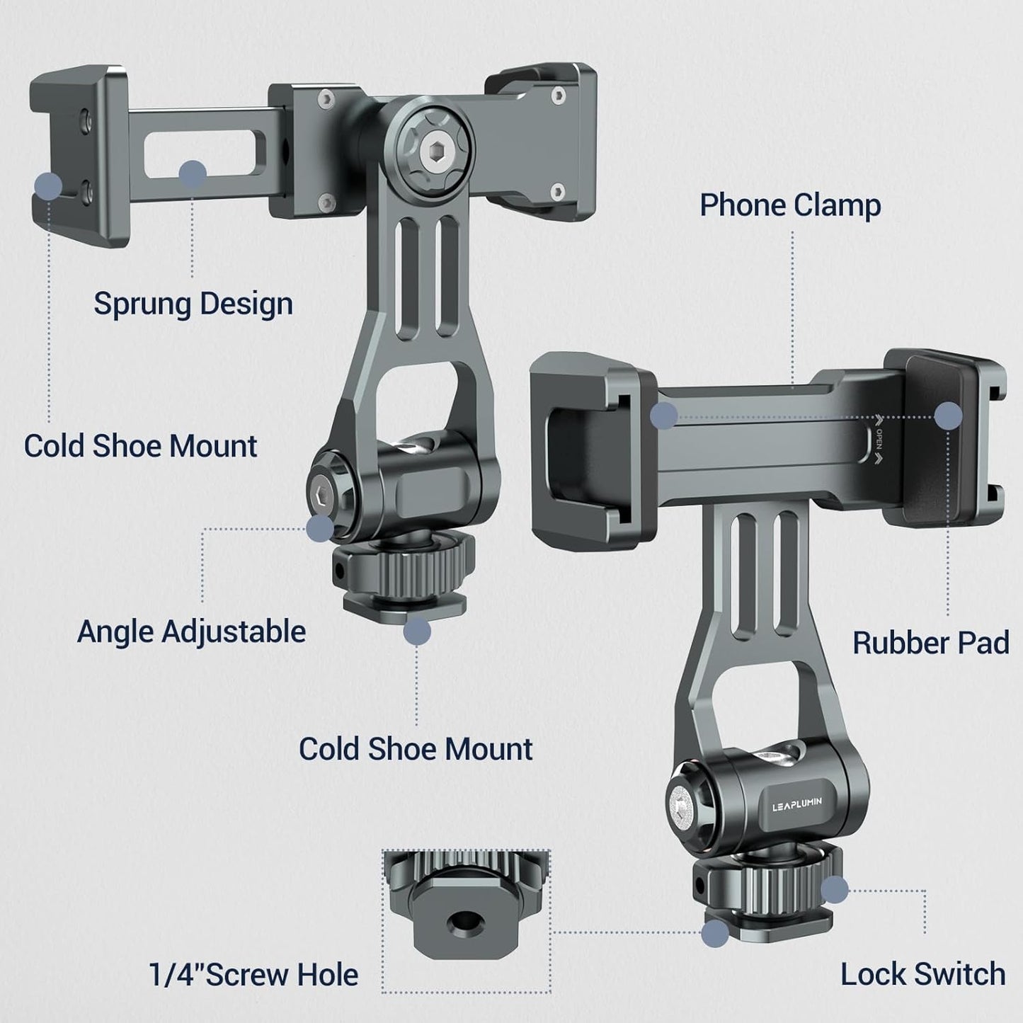 Phone Mount for Camera Hot Shoe, Aluminum Camera Hot Shoe Phone Holder with 2 Additional Cold Shoe Mounts, 360°