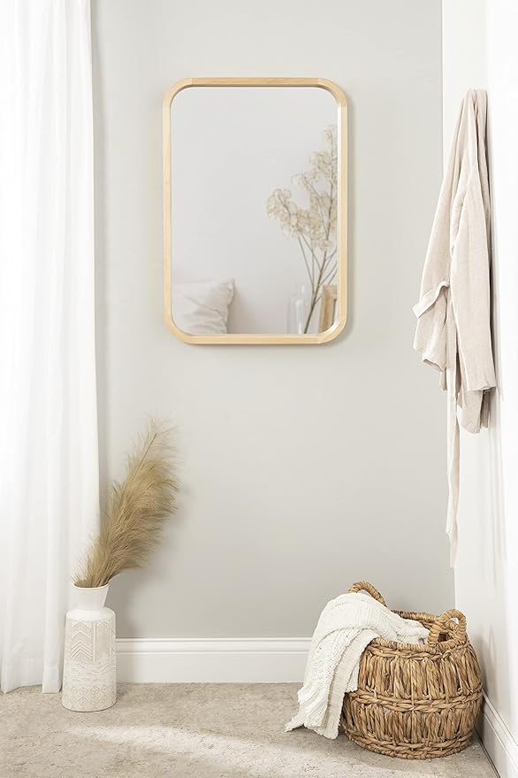 Kate and Laurel Hutton Modern Rounded Rectangle Wall Mirror, 20 x 30, Natural Wood, Decorative Scandinavian Rectangular Wall Decor Accent with Radiused Corners