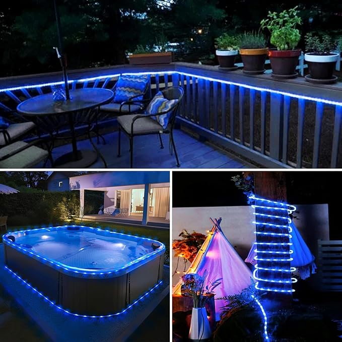 JMEXSUSS 100 LED Blue Battery Operated Rope Lights Outdoor Waterproof, 33ft 8 Modes Battery Christmas Light, Battery Powered String Lights with Remote for Trampoline Camping Canopy Tent Pool Decor