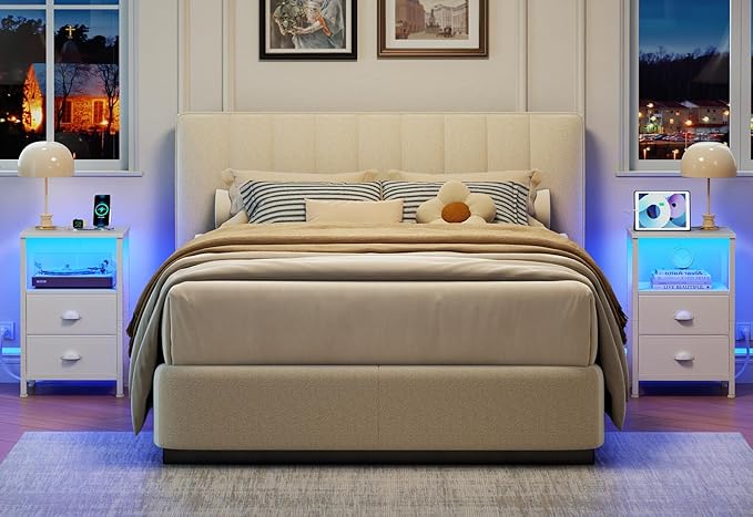 Furologee LED Night Stand with Charging Station, White Nightstand with Fabric Drawers, Bedside Table with Storage Shelf, End Table for Living Room/Bedroom/Dorm