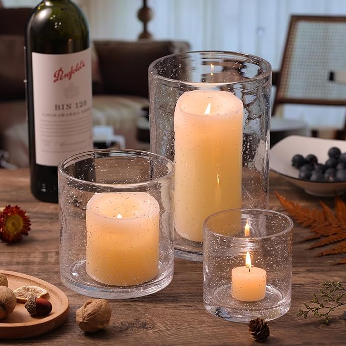 Hurricane Candle Holder Set of 3 Clear Candle Holders for Pillar Candles, Seeded Bubbles Glass Candle Holder for table centerpiece, Glass Cylinder Vases for Home, Patio and Wedding 8"4.7"3.5"H