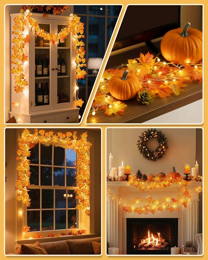 Luditek 8 Lighting Modes & Timer Fall Decorations for Home Maple Leaf Garland with Lights 40LED Battery Operated Waterproof String Lights, Thanksgiving Halloween Fall Decor Indoor Outdoor Autumn