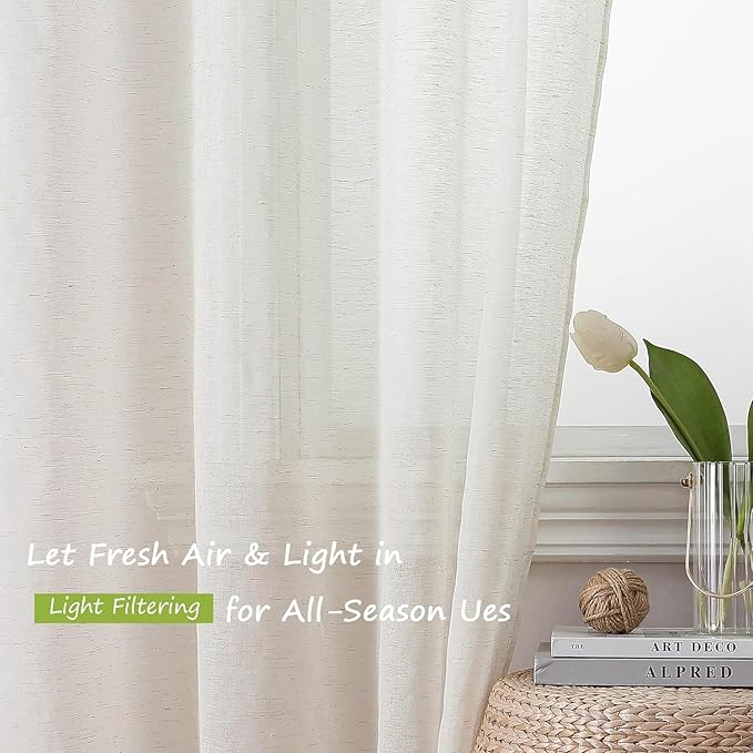 Aiyufeng Linen Sheer Curtains 63 Inch Length 2 Panels for Living Room, Farmhouse Light Filtering Voile Linen Drapes for Bedroom, Patio, Sliding Door, Each 40" W x 63" L