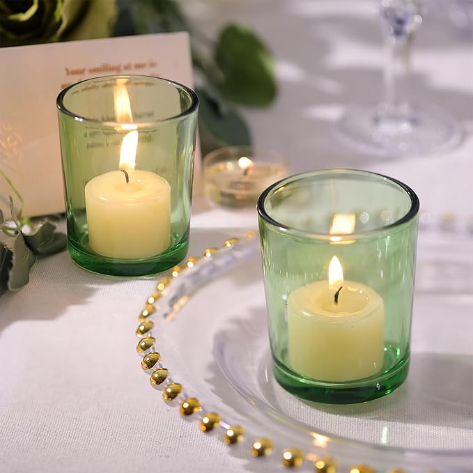 LETINE Green Glass Votive Candle Holders Set of 36 - Tealight Candle Holders for Spring & Summer Wedding and Christmas Centerpieces - Ideal Candle Jars for Making Candles
