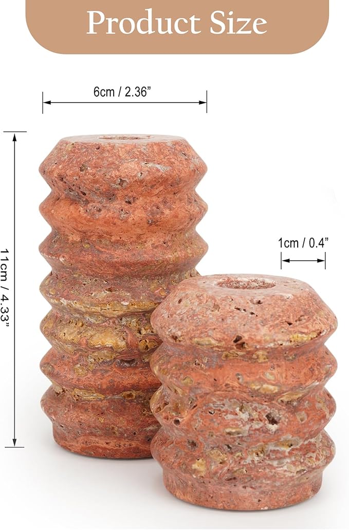 WORHE Candle Holders Italy True Natural Travertine Stone 0.4" Thick Set of 2 Marble Candlestick Holder for Christmas Wedding Dinning Party for 3/4 inch Candles Color Red (WH025)