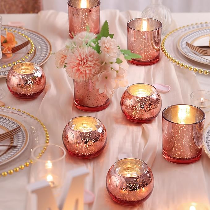 10 Pcs Assorted Rose Gold Candle Holders, Larger Size Mercury Glass Votives for Wedding, Rose Gold Birthday Decorations, Votive Candle Holders for Valentines/Bridal Shower/Sweet 16 Party Favors