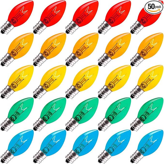 Brightown 50-Pack C7 Christmas Replacement Bulbs, C7 Clear Incandescent Bulbs for Christmas Light Strings, E12 Candelabra Base, 5 Watt, Multi-Color