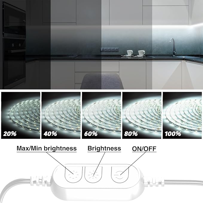 dalattin White LED Strip Lights, 20ft Dimmable Super Bright 24V Led Tape Light 6500K 360 LEDs Lights for Bedrooms, Mirror, Kitchen, Home Decoration Daylight White