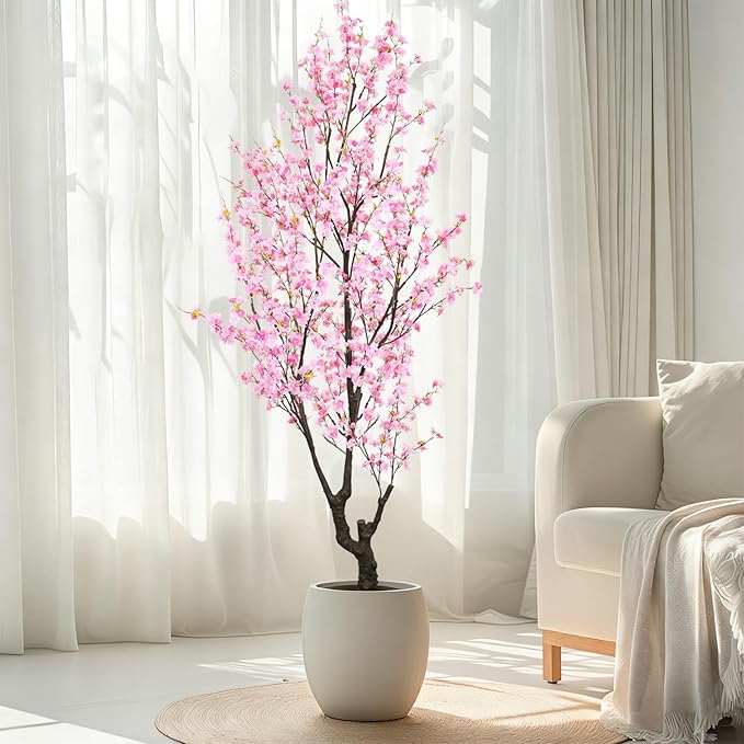 Faux Pink Cherry Blossom Tree 8ft(94in) Tall Artificial Plant Indoor Decor Handmade Natural Sakura Tree for Wedding Realistic Cherry Plant in Pot for Home Living Room,Office,Outdoor Decor.