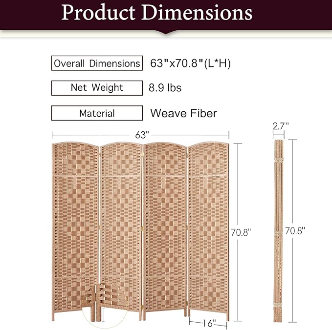 Rose Home Fashion 6 ft Tall Room Divider, Room Dividers and Folding Privacy Screens, 15.7in Privacy Screen 4 Panel Partition Temporary Wall Separation for Private, Natural