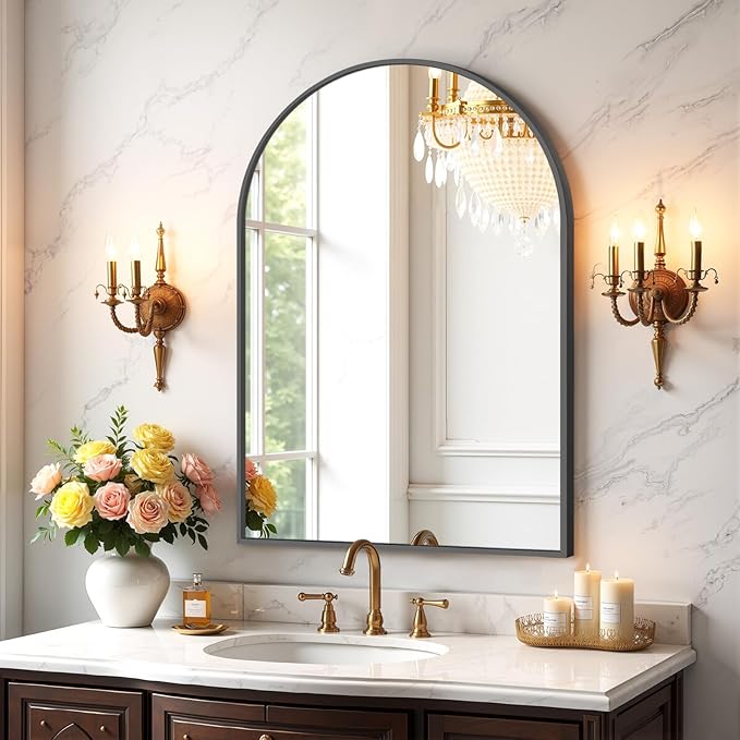 Sweetcrispy Arched Bathroom Mirror 30x20.5 Inch Black Metal Framed Arch Vanity Mirror for Wall, Over Sink, Farmhouse, Restroom, Anti-Rust, Modern Decorative, Hanging or Leaning