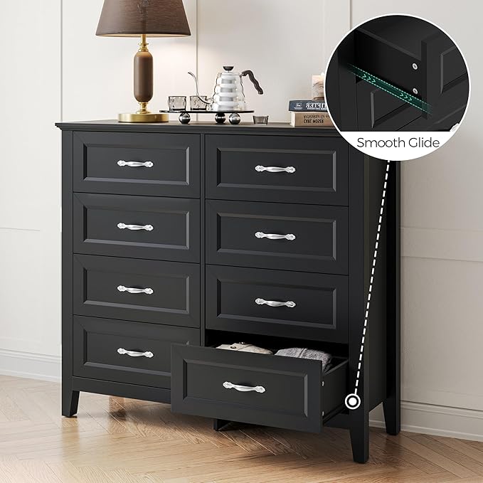 LINSY HOME 8 Drawers Dresser for Bedroom, Black Wood Dresser with Metal Handle, Farmhouse Tall Chest of Drawers with 1 pcs Fabric Divider Organizer, Storage Organizer for Living Room, Closet, Hallway