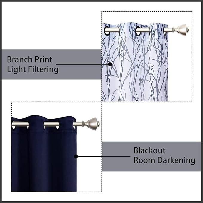 BONZER Mix and Match Curtains - 2 Pieces Branch Print Sheer Curtains and 2 Pieces Blackout Curtains for Bedroom Living Room Grommet Window Drapes, 54x63 Inch/Panel, Indigo, Set of 4 Panels