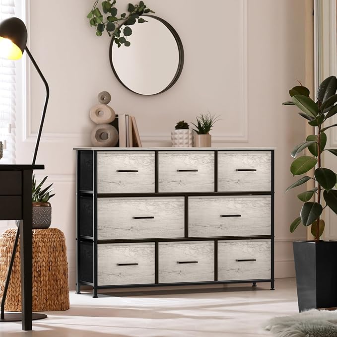 Sorbus Dresser with 8 Faux Wood Drawers - Chest Organizer Unit with Steel Frame Wood Top & Handle Easy Pull Fabric Bins for Clothes - Wide Storage Furniture for Bedroom Hallway, Living Room & Closet