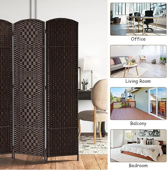 Rose Home Fashion Room Divider, 6 ft Tall Room Dividers and Folding Privacy Screens, 16in Privacy Screen 6 Panel Dark Coffee Space Temporary Wall Foldable Partition Separation