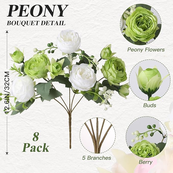 Luyue 8 Packs Peonies Artificial Flowers Faux Peony Bouquet Fake Peonies Flower for Vase Silk Peony Floral Arrangements for Table Centerpiece Wedding Decoration Indoor Home Decor