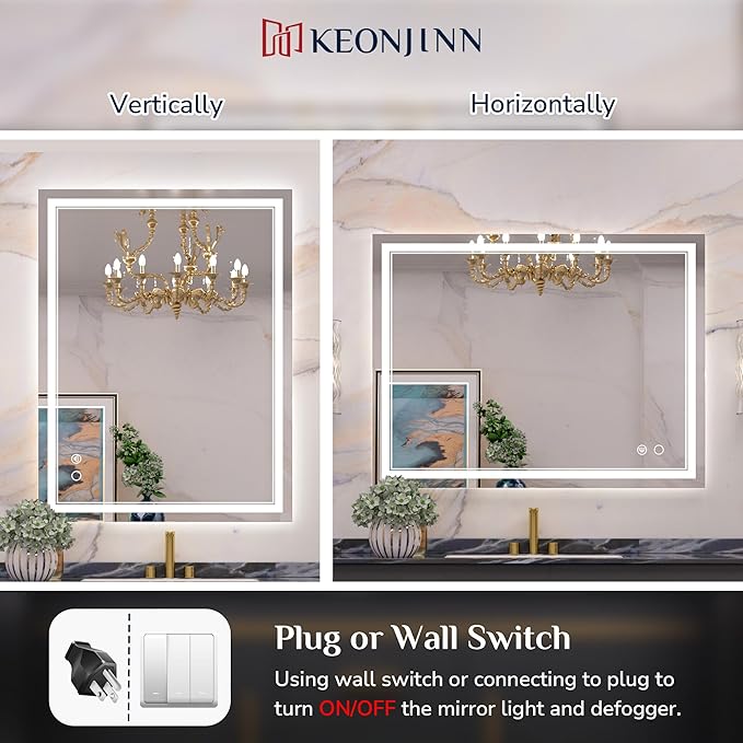 Keonjinn Lighted Bathroom Mirror, 42 x 32 Inch Bathroom LED Mirror with Lights, Frontlit Only, HD Tempered Glass, UL-Listed LED Driver, Anti-Fog, 6000K Dimmale, Easy Installation(Horizontal/Vertical)