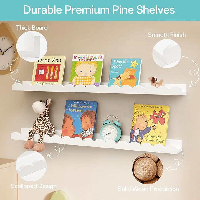 Nursery Book Shelves, Scalloped Floating Shelves Set of 2 Solid Pine Wood Wall Mounted Bookshelf with Wave Lip for Bedroom Kids, Toddler Room, Baby Room White 36inch