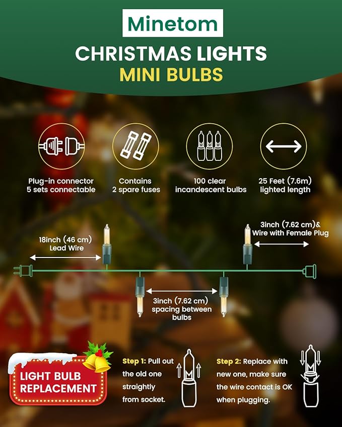 Minetom 100 Count 25 Feet Christmas String Lights, Incandescent Bulb Mini Lights for Outdoor Indoor Xmas Tree Birthday Wedding Party Festival Christmas Decorations Decor