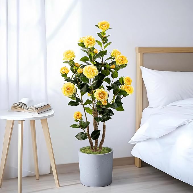 Artificial Camellia Tree 2 Pack, Artificial Plants Outdoor Faux Plant in Cement Pot Fake Yellow Silk Camellia Tree Plants for Home House Living Room Office Decor (Yellow (2 Pack))