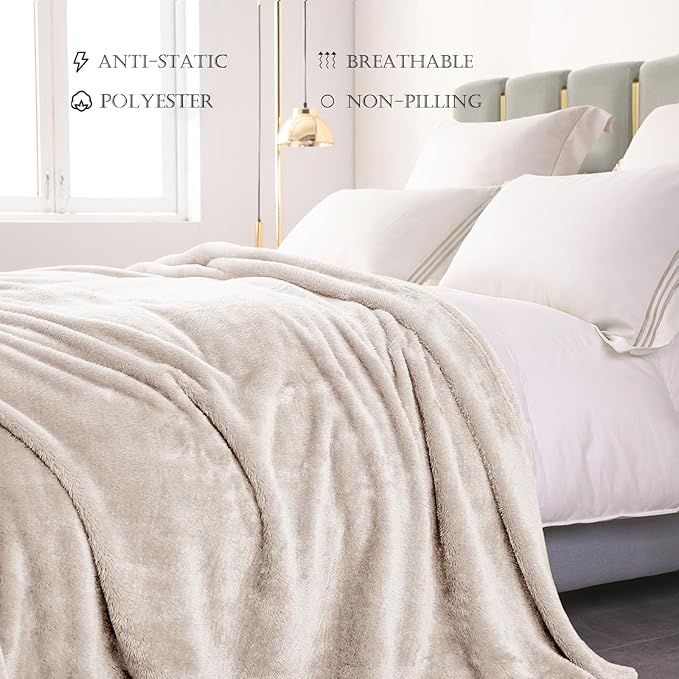 Exclusivo Mezcla Plush Fuzzy Fleece Bed Blanket Twin Size, Super Soft, Fluffy and Warm Blankets, Suitable for All Seasons (Beige, 90x66 Inches)