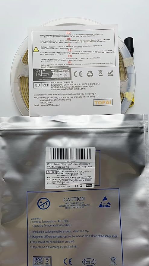 TOPAI 12V COB LED Strip Light 6000K Cool White Waterproof IP65 480LEDs/M Super Bright 4000Lm CRI>90 16.4ft/5M Self Adhesive Dotless Cuttable Flexible for Bedroom Cabinet DIY Lighting