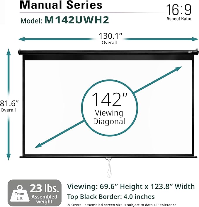 Elite Screens Manual Series, 142-INCH 16:9, Pull Down Manual Projector Screen with AUTO LOCK, Movie Home Theater 8K / 4K Ultra HD 3D Ready, 2-YEAR WARRANTY, M142UWH2, 16:9, Black