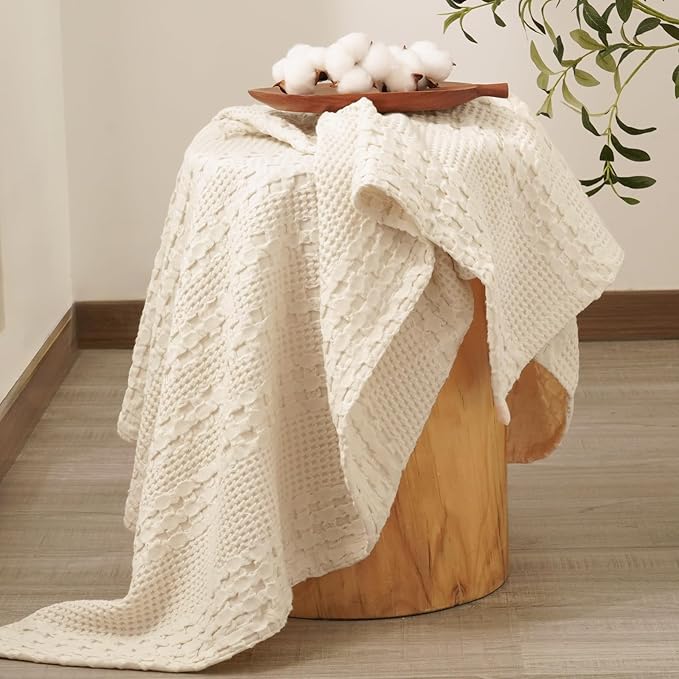 PHF 100% Cotton Waffle Weave Throw Blanket, Soft Lightweight Breathable Cozy Throws for Couch Bed Sofa, Luxury Aesthetic Woven Blanket for Home Decor & Office, 50"x60", Natural