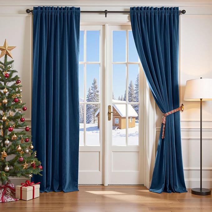 Lazzzy Velvet Blackout Curtains Thermal Insulated Room Window Drapes Super Soft Luxury Curtains for Living Room Bedroom Rod Pocket 2 Panels, Dark Blue, 52" W x 102" L