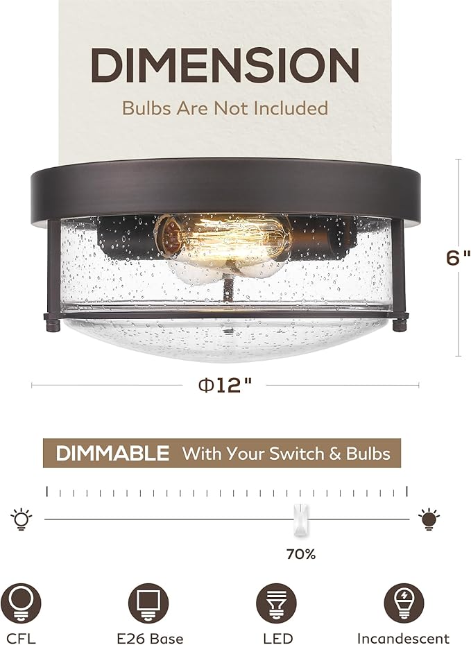 FEMILA Flush Mount Light Fixture, 12" Ceiling Light Fixtures, Farmhouse Porch Ceiling Lighting Outdoor, Oil Rubbed Bronze with Seeded Glass Shade,4FTJ22-F ORB