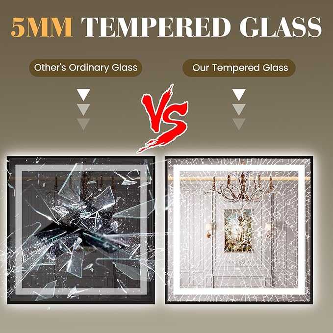 LED Bathroom Mirror,36"x36" Mirror with Black Frame, Front Light and Backlit, Stepless Dimmable, Anti-Fog, Shatter-Proof, Memory, 3 Colors, Double LED Vanity Mirror