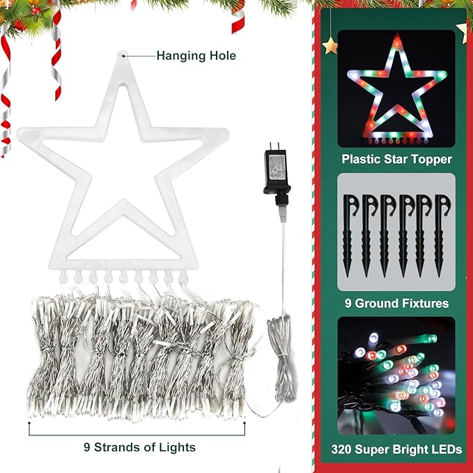 FUNIAO Outdoor Christmas Decorations Star Lights, 320 LED Hanging Twinkle Fairy String Lights Outside Tree Decoration Lights for Christmas, Yard, Garden, New Year (Plastic Star-Red White Green)