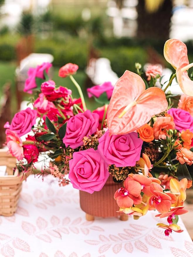 MACTING Artificial Flower Roses 30PCS Real Touch Fake Spring Flowers with Stem Foam Roses for Wedding DIY Bouquets Table Centerpieces Party Bridal Shower Home Mothers Day Decorations(Fuchsia)