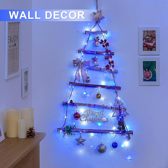 JMEXSUSS 2 Pack 100 LED Blue and White Fairy Lights Battery Operated, 33ft Blue and White Christmas Lights with Remote, 8 Modes Battery Powered Twinkle String Lights for Bedroom Christmas Tree Decor