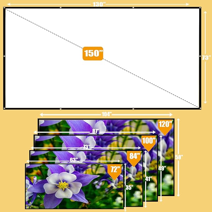 150 Inch Foldable Projector Screen for Wall, Hanging Portable Projector Screen Outdoor & Indoor - Thickened Anti-Crease White Screen with 4 Corner Ropes for Camping, Home Theater, Party