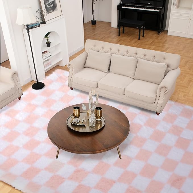 Super Soft Rug for Bedroom, 5x8 Ft Pink and White Area Rug Classic Checkered Shaggy Anti-Skid High Pile Soft Fluffy Rug Fuzzy Carpet for Living Room Bedroom Kids Room Nursery, Dorm Home Decor