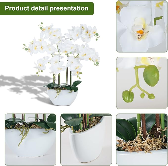 Ziwon Artificial Orchid Flowers & Plants Potted in Ceramic Pot, White Faux Phalaenopsis Orchids for Table Centerpiece, Realistic Fake Flower Arrangement for Home Office Decor Indoor