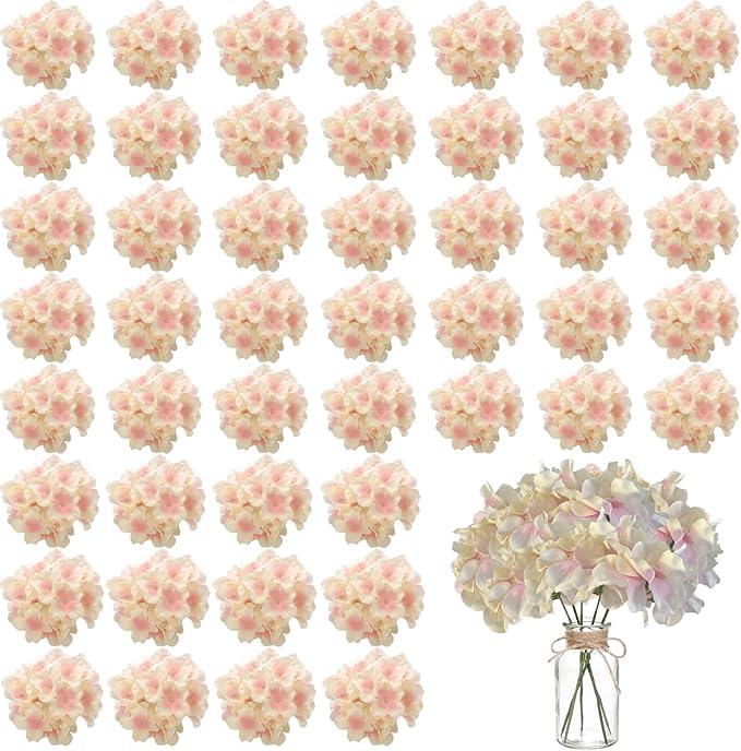 WEISPARK 100PCS Artificial Hydrangea Flowers, Fake Flowers Silk Hydrangea Full Flowers Heads with Stems for Wedding Home Party Shop Baby Shower Decor (Pink Beige)