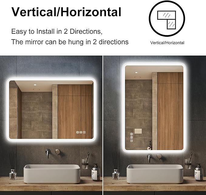 S'bagno 32"x24" LED-Lighted-Bathroom-Mirror, Wall-Mounted-Dimmable-Vanity-Mirror, Bluetooth Speaker Anti-Fog Waterproof Smart Touch Button 3 Colors Bathroom-Lighted-Mirror, Vertical/Horizontal