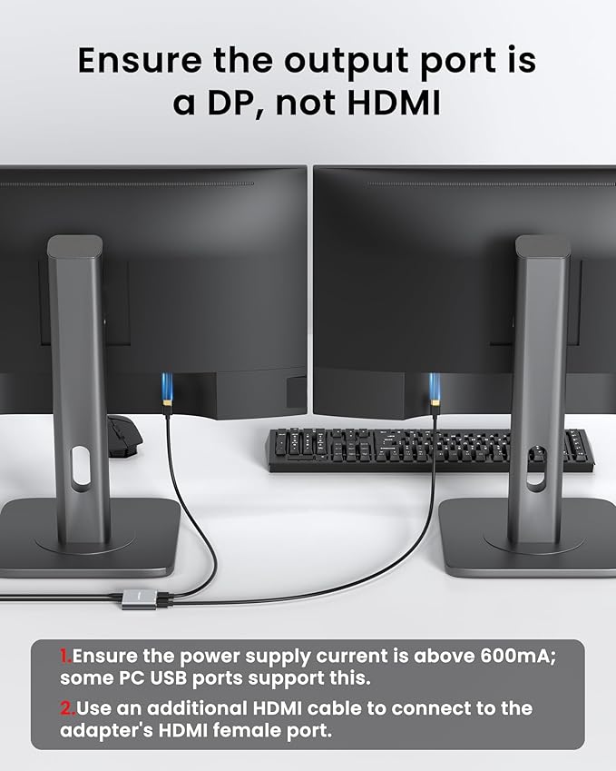 4K 60Hz DisplayPort to Dual HDMI Adapter, MST Splitter for Dual Monitor Extender, Supports Extended & Mirror Mode, Plug and Play, USB Power Cable Included
