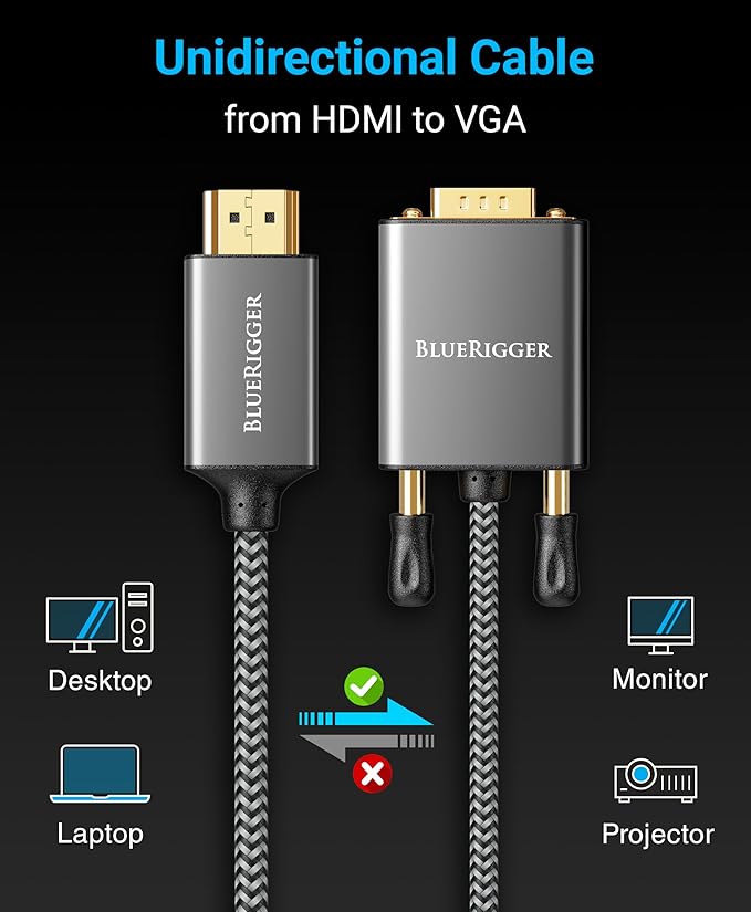 BlueRigger 10FT HDMI to VGA Cable (1080P, 60Hz) - Compatible with Desktop, Laptop, Monitor, Projector, HDTV