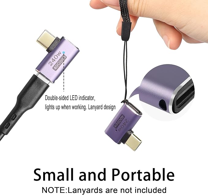 QIANRENON USB4.0 C 90 Degree Angle Adapter 240W 40Gbps Type C 4.0 Male to Female Right Angle Connector,LED Indicator,8K Audio/Video Transfer,for Smartphone Tablet Steam Deck, 2 Pcs (Side Bend)