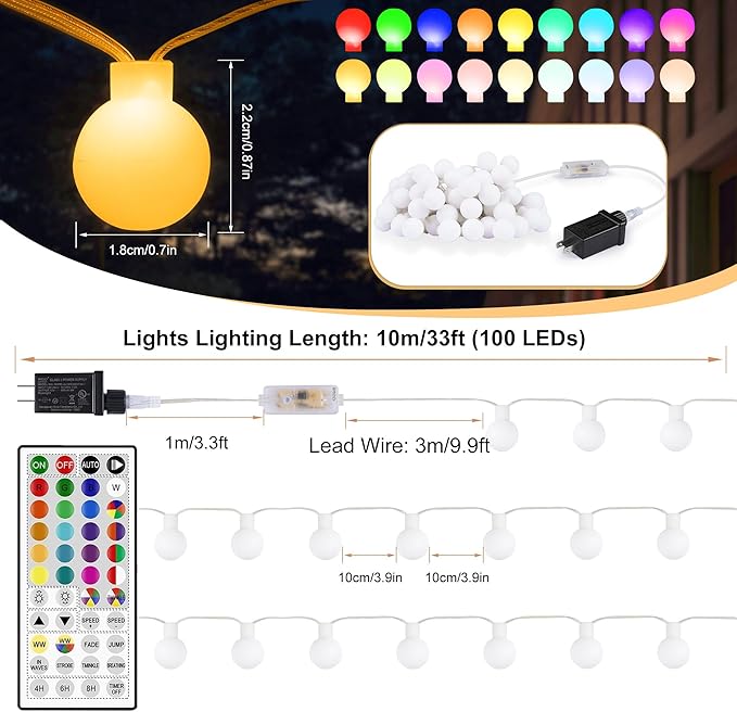 OMIKA Color Changing String Lights Plug in, 25 Colors 33FT 100LED RGB+Warm White Globe String Lights, Outdoor Christmas Globe Decorative Lights with Remote for Indoor Bedroom Party Garden Xmas Decor