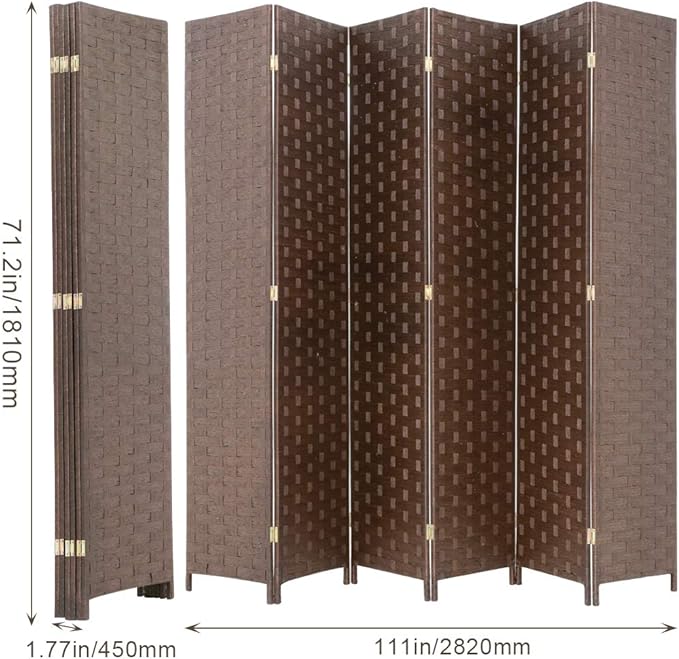 Room Divider Wood Screen 6 Panel Folding Portable Partition Screens Wooden Mesh Woven Design Room Screen Divider for Home Office (Brown)
