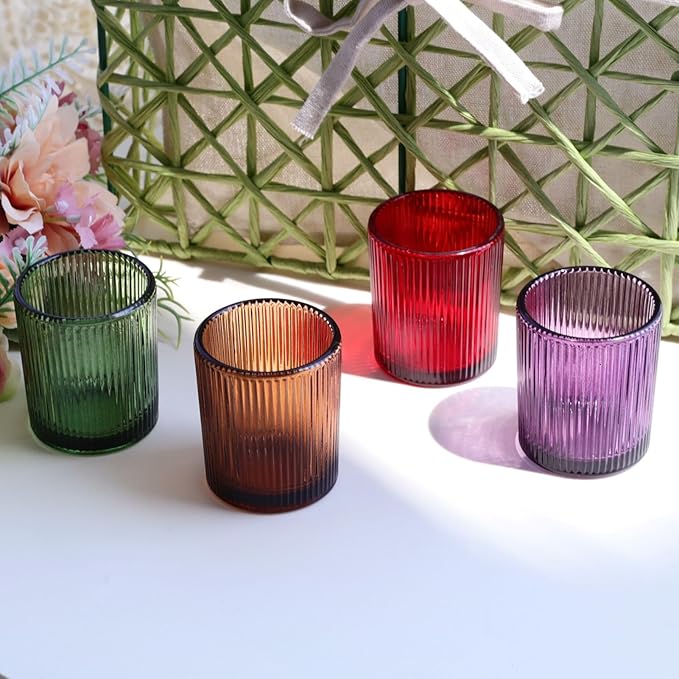 VOHO 24pcs Multicolor Tealight Candle Holder, Vintage Ribbed Tea Light Candle Holder Glass for Room Decor, 4 Color Votive Candle Holders for Table Centerpiece(Green/Red/Purple/Amber)