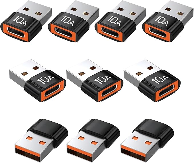 USB to USB C Adapter 10 Pack,10A 200W Fast Charging USB2.0 480Mbps Data Transfer,USB C Female to A Male Charger Converter for Ma-cBook Pad Phone 17/16/15 G-alaxy Xp-eria Smartphone Laptop Tablet Black