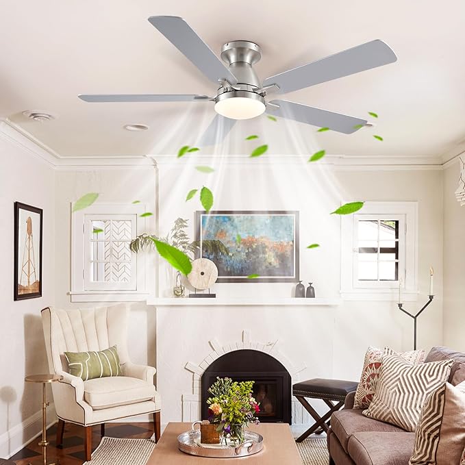 Ceiling Fans with Lights, 56" Flush Mount Ceiling Fan with Light and Remote/APP Control, Low Profile, Modern Ceiling Fan Reversible, Dimmable, Noiseless, Brushed Nickel for Bedroom